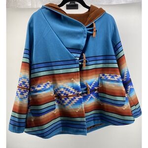 Yellow Stone Beth Dutton Blue Aztec Hooded Poncho Fleece Coat One Size